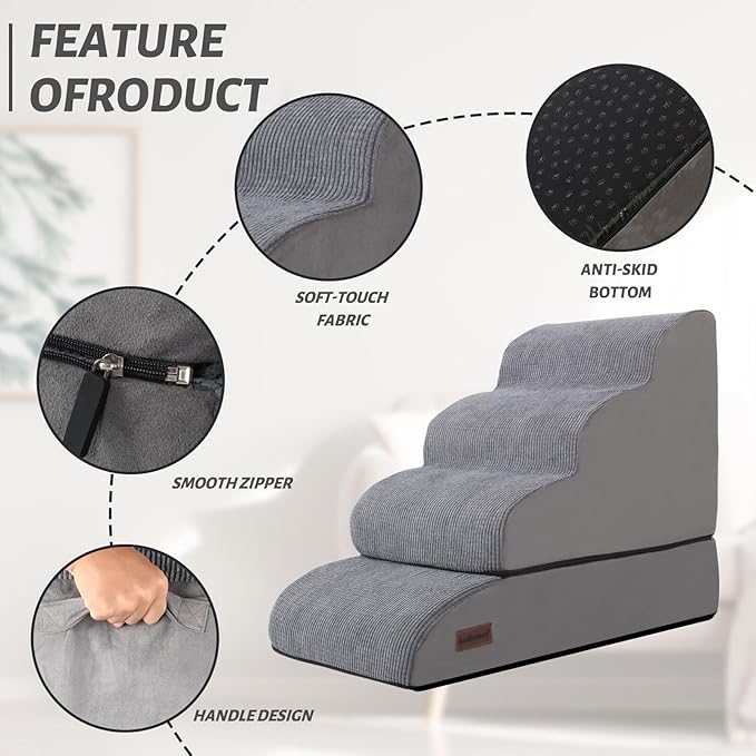 4-Step Dog Stairs and Ramp for Beds or Couches – Non-Slip Sturdy Pet Steps for Small Dogs and Cats,21" H,Grey