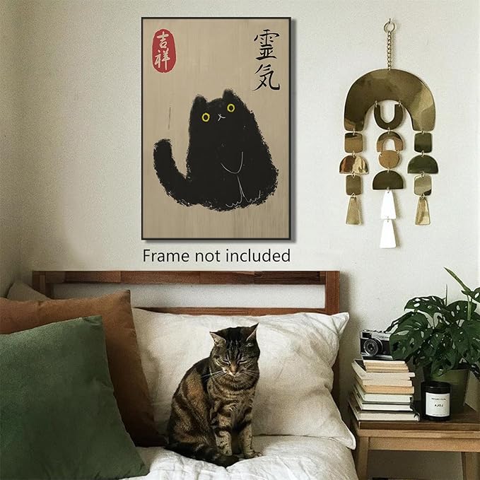 Japanese Black Cat Art Print, Vintage Canvas Wall Art, Cat Lovers Gift, Cute Painting, Funny Animal Picture for Living Room Bedroom 24x36in Unframed