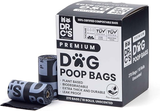 100% Certified Compostable Dog Poop Bags - Dr. C's Premium Dog Poop Bags - 270 Bags / 18 Rolls, Extra thick, Leak Proof, Unscented, Plant Based and Earth Friendly