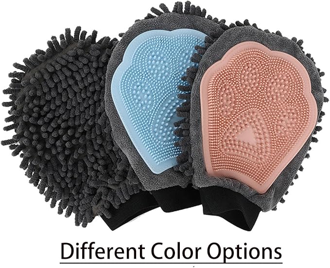 Dual Sided Pet Grooming Glove with Rubber Paw - 2-in-1 Grooming Glove | Fun Dogs & Cats Grooming Tool for Brushing, Massaging, and Scrubbing | Chenille Fabric Side Acts as Pet Bathing(Blue)