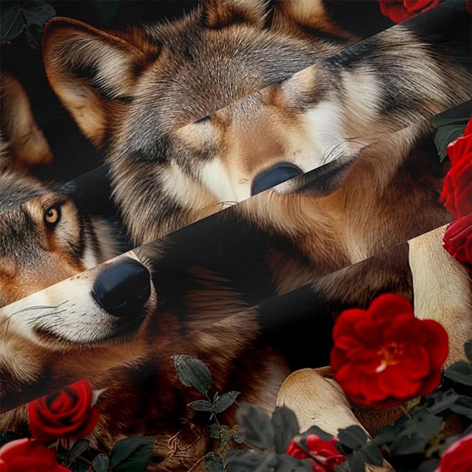 Wolf Comforter Set Queen Size Red Rose Wolves Bedding Set Wild Animal Bedding Sets Black Floral Animals Comforters 3 Piece Soft Down Alternative Comforter Sets for Girls Boys Kids Teens