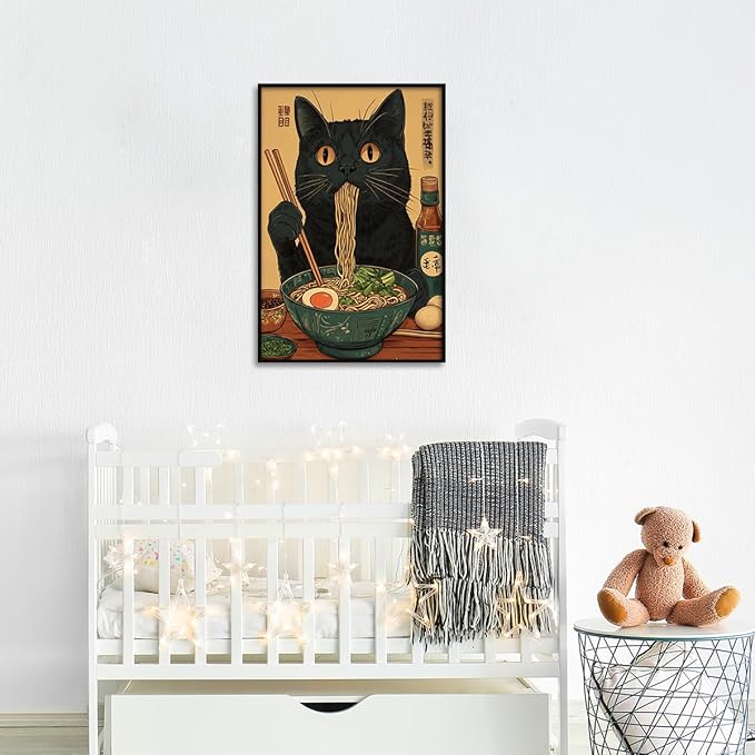 Japanese Cat Canvas Wall Art Funny Black Cat Posters Vintage Cute Cat Eating Ramen Noodles Print Kawaii Animal Food Kitchen Art Painting For Dining Living Room Bedroom Decor 12x16in Black Framed