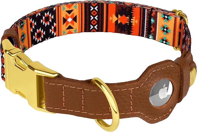 AirTag Dog Collar for Small Medium Large Breed - Adjustable Cute Pattern Dog Collar with Airtag Holder - Soft Leather Tracker GPS Apple Air Tag Pet Collars (Medium, 14"-18" Neck Fit, Western)