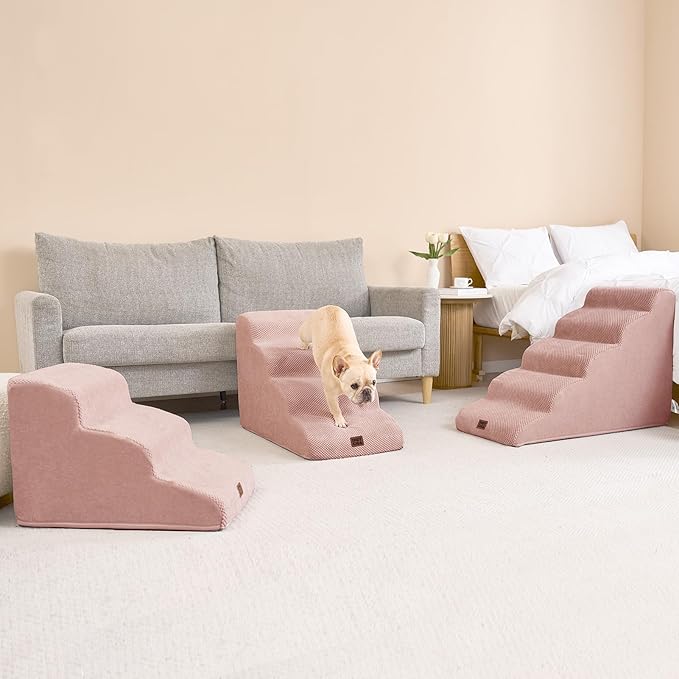 EHEYCIGA Curved Dog Stairs Ramp for Small Dogs 15.7" H, 3-Step Dog Steps for Couch Sofa and Chair, Pet Stairs for Cats, Non-Slip Balanced Pet Steps Indoor, Dusty Pink
