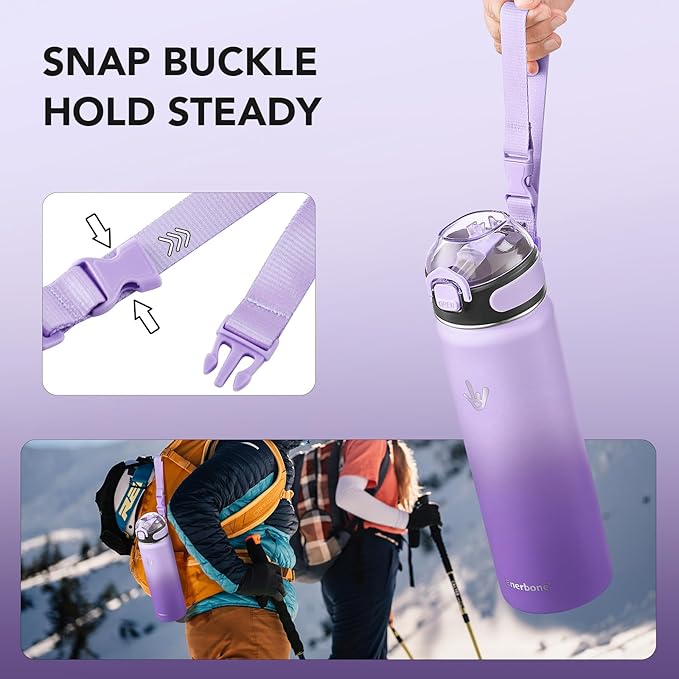 Enerbone 24 oz Insulated Water Bottle, Stainless Steel Bottle with Carrying Strap, Double-Wall Vacuum Insulation Design, Leakproof Sports Bottle with Straw, Keep Drinks Cold or Hot for Hours