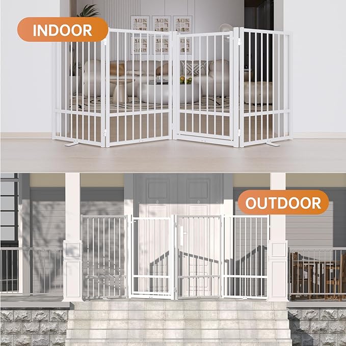 Full Metal Freestanding Dog Gate with Door, 32''Height Foldable Pet Dog Fence for Indoor & Outdoor, 2 Panels Extra Wide Free Standing TallDog Gates for Doorways,House,Stairs,Porch,Deck,Yard