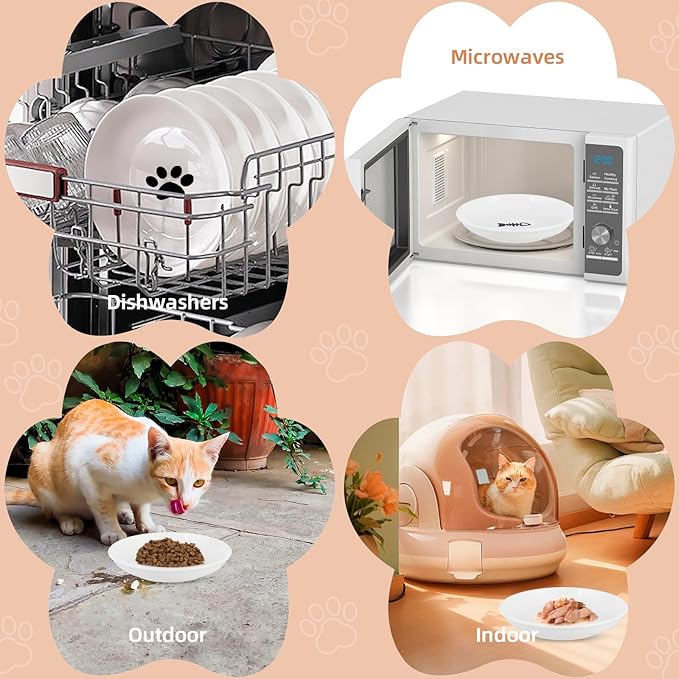 6 Pack Cat Food Bowl, Ceramic Cat Bowls, Anti Whisker Fatigue Cats Bowl Set,5.5 Inches Shallow Wide Kitten Plates for Food and Water (Cat's Paw Style)