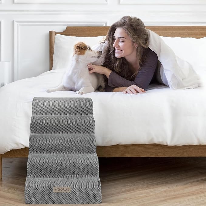 Dog Stairs for High Beds, Extra Tall 24.5" 5-Step Pet Steps for Medium & Small Dogs, Foam Ramp for Tall Couch & Bed, Washable Cover - Dog Steps for Bed