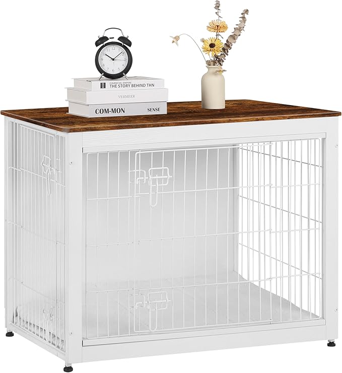 DWANTON Dog Crate Furniture with Cushion, Wooden Kennel Table with Double Doors, Indoor Dog House, Large Size, 38.5" L, White+Rustic Brown