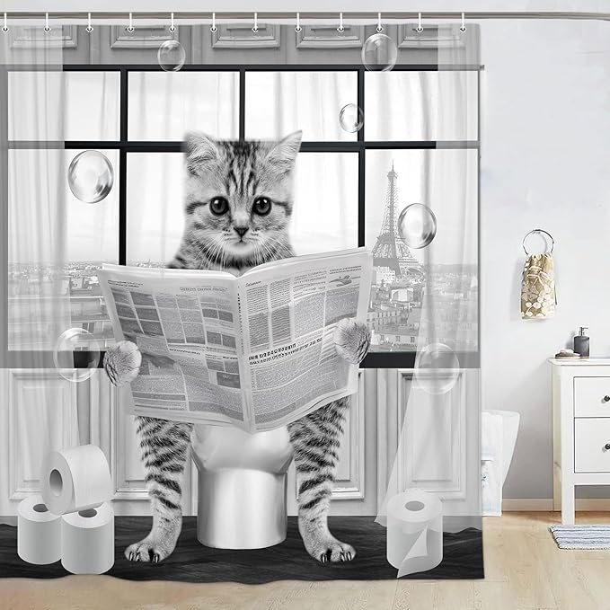 Cute Cat Shower Curtain,Funny Cat Reading on ToiletShower Curtain Set,Black White Grey Fabric Shower Curtains for Bathroom with Hooks 36X72inches