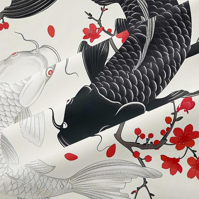 Japanese Bedding Twin Size Asian Oriental Comforter Black White Fish Bed Set Red Cherry Blossom Comforters Vintage Bedroom Decor Floral Bedding Set for Women Men Teen