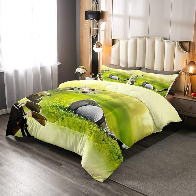 Erosebridal Golf Comforter Set King Size,Golf Clubs Bedding Set, Sports Game Theme Duvet Set Green Quilt Set, Boys Room Decorative Comforter Set Soft Breathable Ultra Lightweight