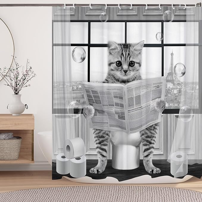 Cute Cat Shower Curtain,Funny Cat Reading on ToiletShower Curtain Set,Black White Grey Fabric Shower Curtains for Bathroom with Hooks 36X72inches