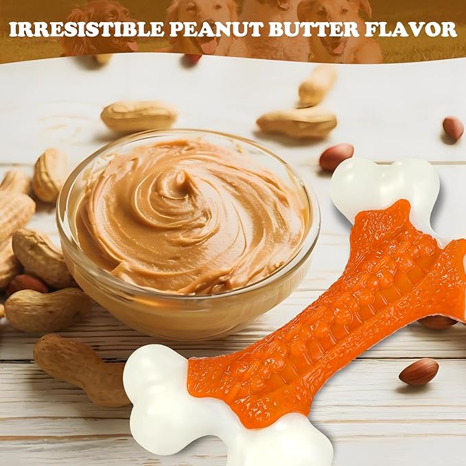 Dog Toys for Aggressive Chewers Large Breed, Tough Bones, Nylon Puppy Teething Chew Toys Medium Dogs, Heavy Duty Peanut Butter Flavor Toys