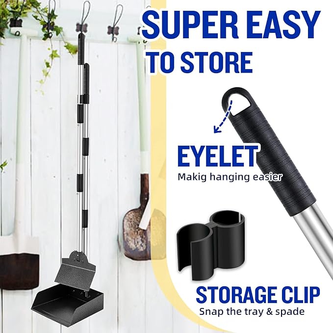 Dog Pooper Scooper,Tray and Spade Set Poop Scooper for Dogs, Adjustable Long Handle Metal Pooper Scooper with Bin for Pet Waste Removal, No Bending Clean Up for Medium and Large Dogs