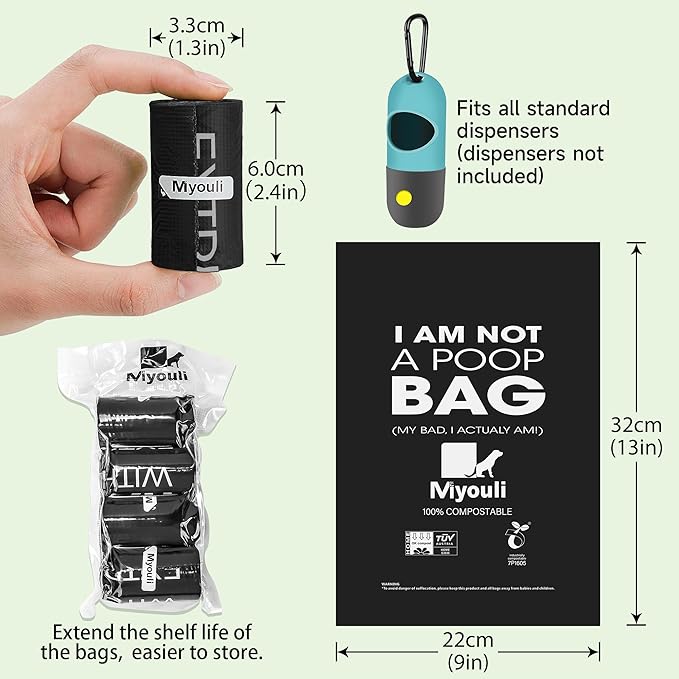 100% Certified Compostable Dog Poop Bag Rolls, 120 Bags (8 Rolls) Eco-Friendly Poop Bags for Dogs, Leak Proof Unscented Easy Open Poop Waste Bag(Black)