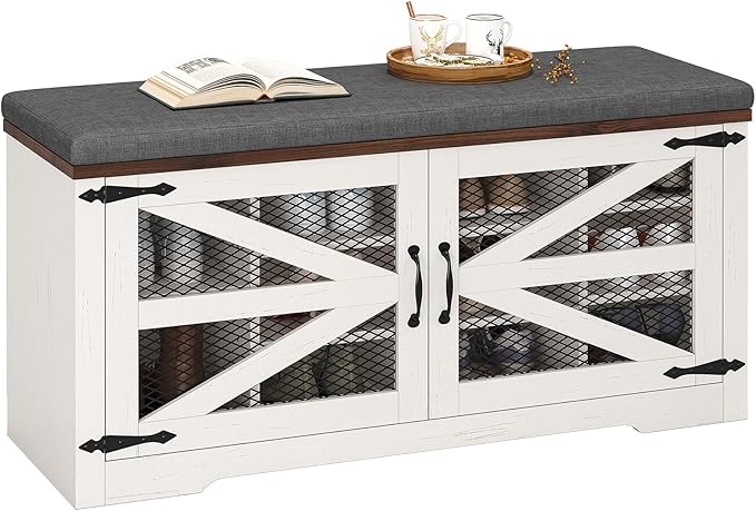 Farmhouse Storage Bench with Cushion, Metal and Wood Shoe Rack Organizer, Adjustable Shelf, Shoe Cabinet with Half Hidden Storage Space, for Entryway, Bedroom, Living Room (Old White, 43.3in)