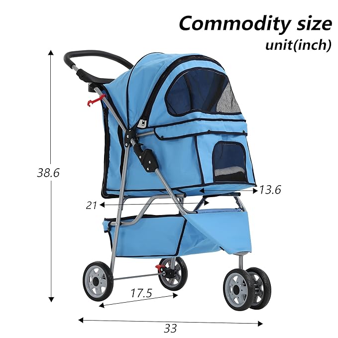 Dog Stroller,3 Wheels Travel Folding Pet Stroller for Small Medium Dog Cat Jogger Stroller with Storage Basket Removable Liner Blue