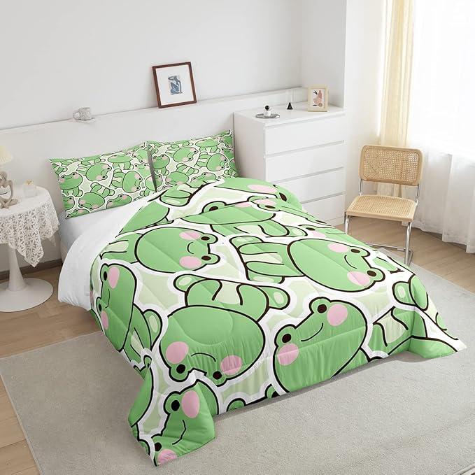 Cute Frog Comforter Set King Size, Kawaii Frog Bedding Set For Kids Boys Girls Teens, Green Wild Animals Farmhouse Down Comforter, Wildlife Rustic Funny 3Pcs Quilted Duvet All Season Bedroom Decor