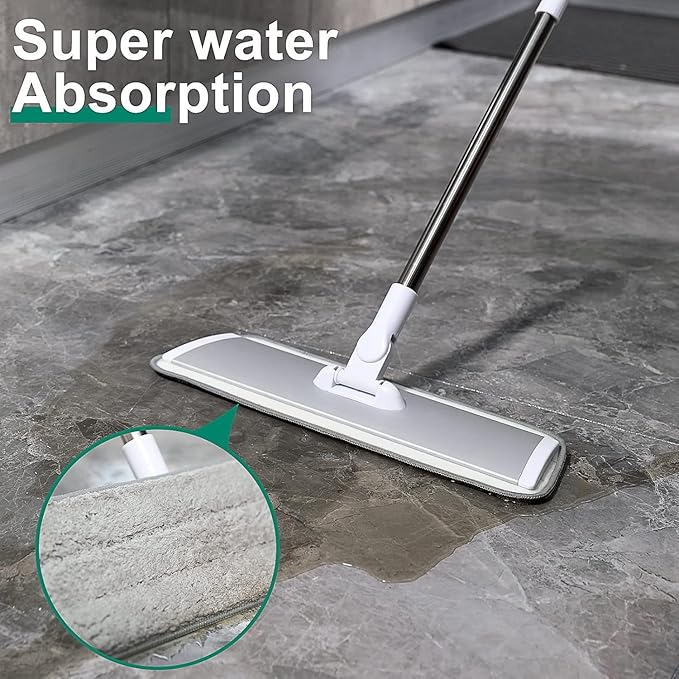 18" Professional Microfiber Mop Floor Cleaning System, Flat Mops with Stainless Steel Handle, 4 Reusable Washable Mop Pads, Wet and Dust Mopping for Hardwood, Vinyl, Laminate, Tile Cleaning (White)