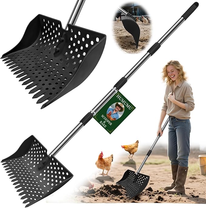 12-Inch 2-in-1 Chicken Poop Scooper & Rake – US Patent Pending – 3-Shape Sifting Holes Chicken Coop Rake,Stainless Steel Handle (20–61")– Litter Scoop Sand & Sifting Shovel for Chicken Coops (Black)