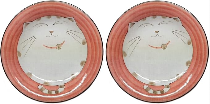 JapanBargain 2476, Set of 2 Japanese Round Porcelain Appetizer Plate for Dessert Cake Snack Maneki Neko Smiling Lucky Cat Pattern for Cat Lovers Made in Japan, 6.5-inch, Pink
