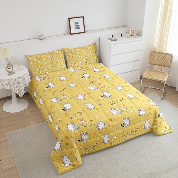 Erosebridal Cartoon Kawaii Bedding Set King Kids Cat Comforter Set, Cute Animal Down Comforter Pet Theme Bed Set, Dog Kitten Quilted Duvet Teal Love Heart Print Pet Lovers Gifts Lightweight Cozy 3pcs