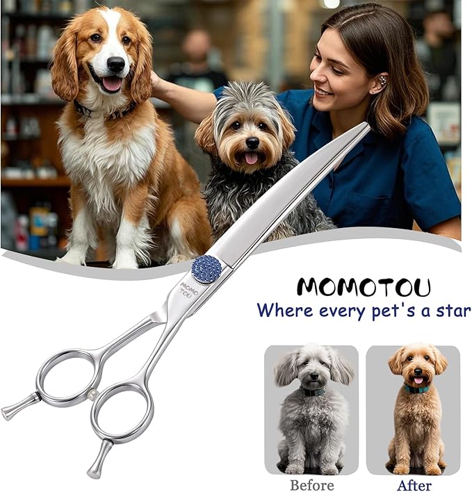 7.5'' Dog Grooming Scissors CNC 440C Blades Sharp and Durable Polished Curved Dog Shears with Blue Diamond Adustable Screws Easy to Use for Groomer and Home User