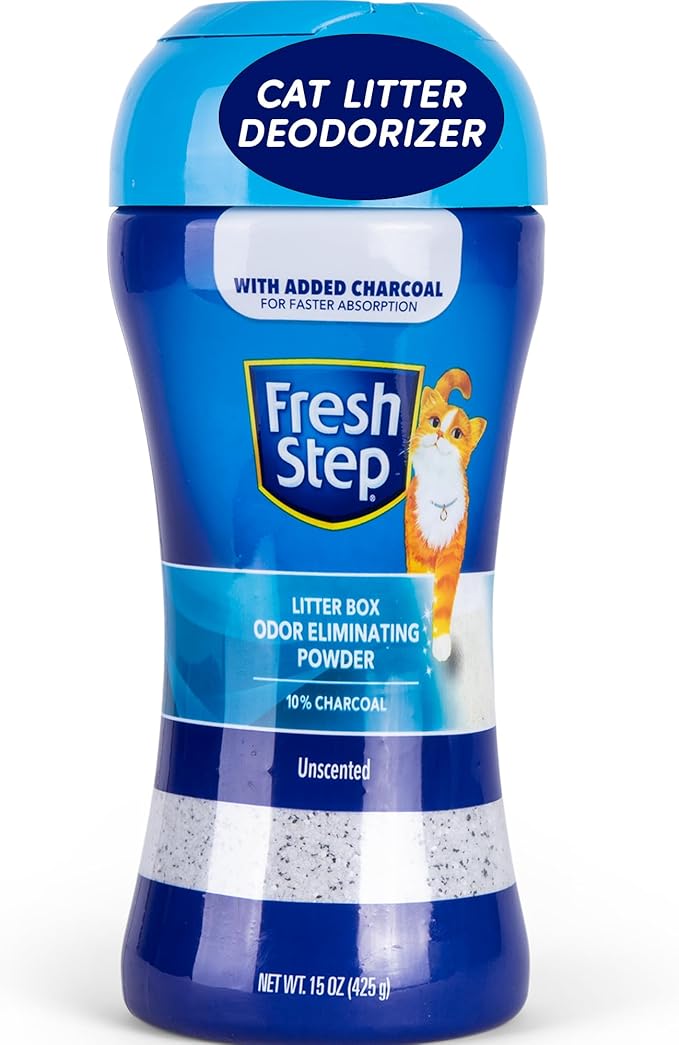 Fresh Step Cat Litter Box Odor Eliminating Powder with Charcoal, Unscented Cat Odor Eliminator for Home, Odor Absorber Cat Litter & Housebreaking Supplies, 15 Ounce