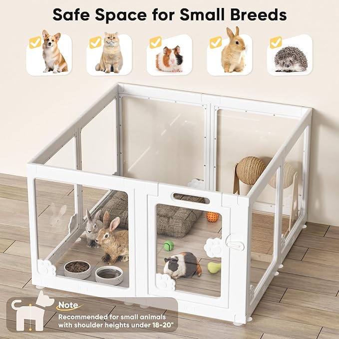 Acrylic Clear Dog Play Pen Indoors, Puppy Playpen with Door for Small Dogs Puppies, Transparent Plastic Pet Playpen Cage Fence Crate Kennel for Cat Kitten Rabbit Bunny Ferret etc (White-8 Panels)