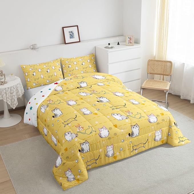 Erosebridal Cartoon Kawaii Bedding Set King Kids Cat Comforter Set, Cute Animal Down Comforter Pet Theme Bed Set, Dog Kitten Quilted Duvet Teal Love Heart Print Pet Lovers Gifts Lightweight Cozy 3pcs