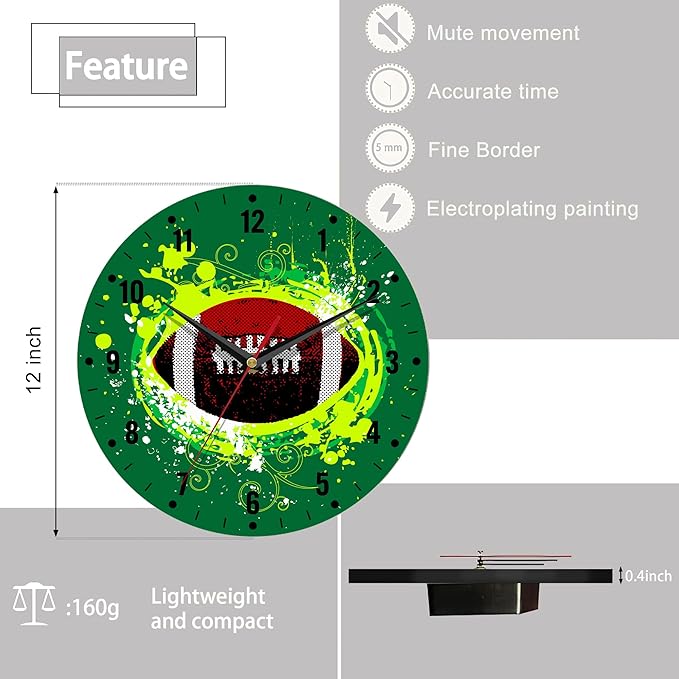SPUNKER Wall Clocks,American Football Wall Clocks,USA Sport Ball Battery Operated Wall Clock Silent Non-Ticking Decorative for Home Kitchen Bathroom Living Room Bedroom Office 10 Inch