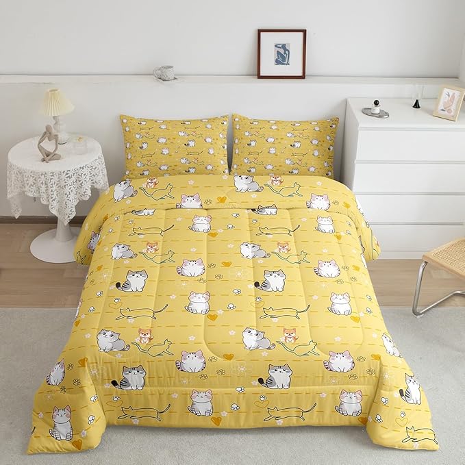 Erosebridal Cartoon Kawaii Bedding Set King Kids Cat Comforter Set, Cute Animal Down Comforter Pet Theme Bed Set, Dog Kitten Quilted Duvet Teal Love Heart Print Pet Lovers Gifts Lightweight Cozy 3pcs
