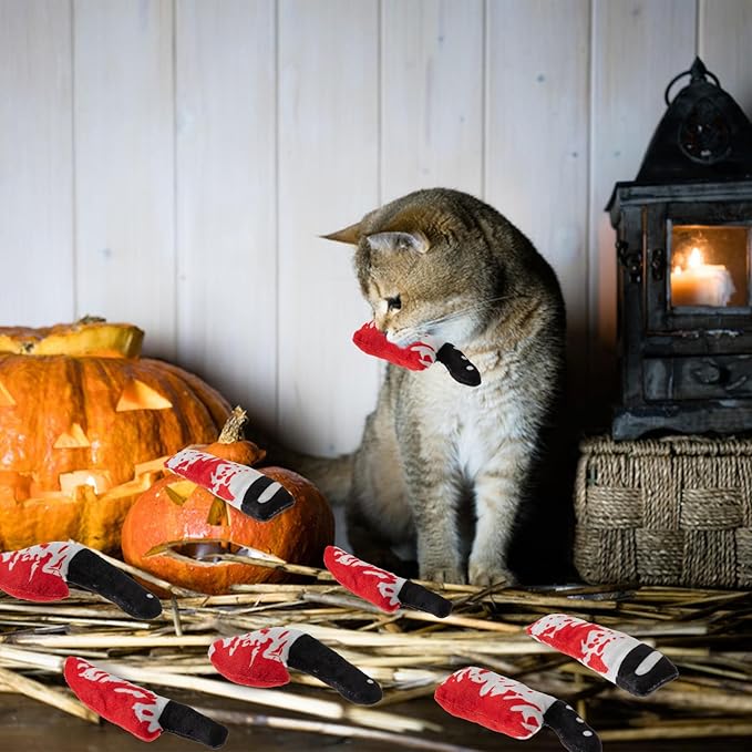 8pcs Catnip Toy, Indoor Knife Shaped Cat Toy Horror Plush Interactive Chew Bite Toys for Halloween Christmas Cat Kitten Indoor Festive Holiday Cat Lover Gift