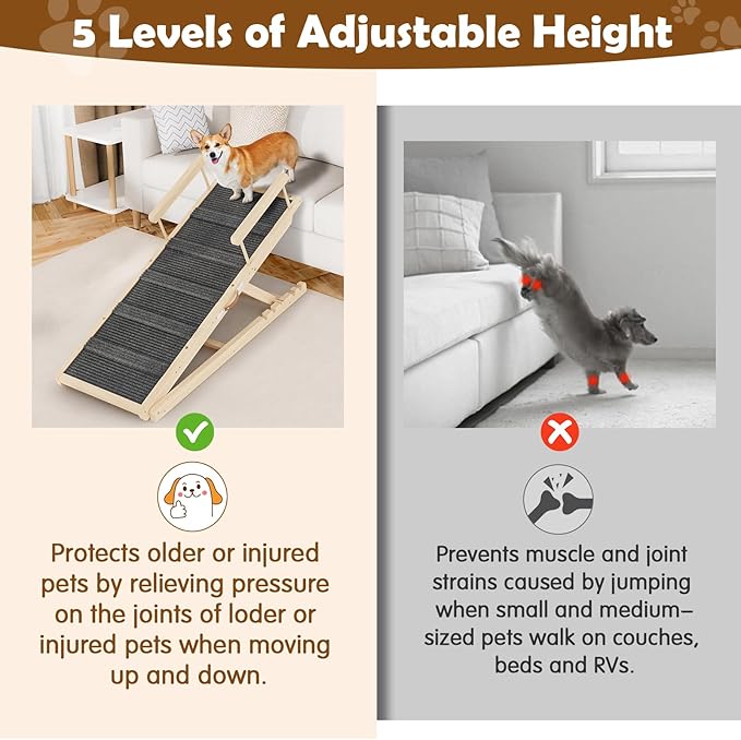 Dog Ramp for Couch, Bed or Car, Wooden 55" Long Pet Stairs for Small & Large Old Dogs & Cats, Hold up to 250lb, 6 Adjustable Height from 19.68" to 27.55" Portable Doggie Steps, Excellent Traction