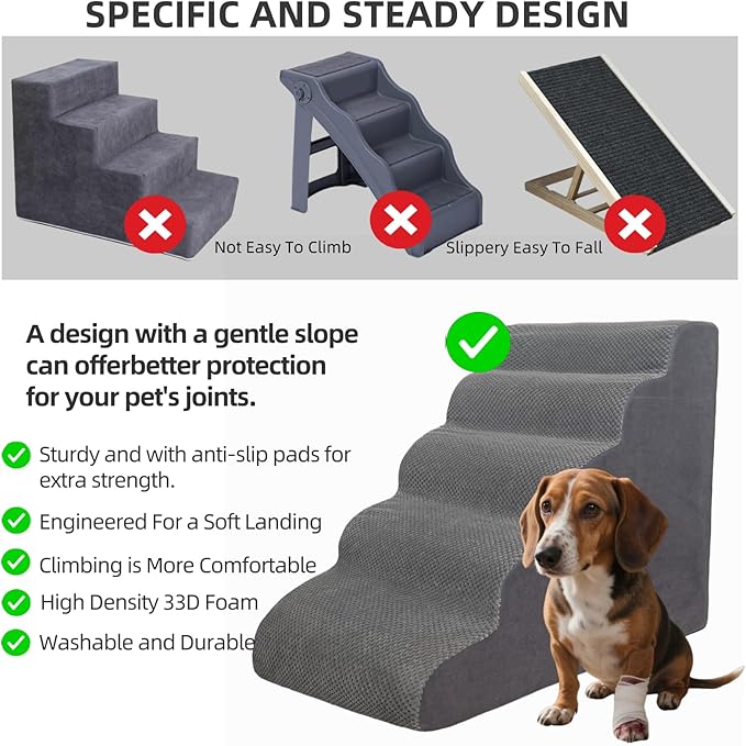 6 Step Pet Stairs Ramp for High Beds Sofas 18-36 Inch, Non-Slip Dog Stairs for Small Old Medium Large XL Dogs Cats, Sturdy 75 Pounds 33D Foam Balanced 6-Tier Ladder with Machine Washable Cover