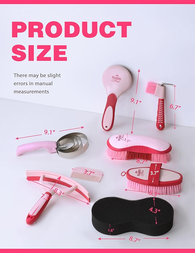 9PCS Horse Grooming Kit Curry Comb Sweat Scraper Horse Bathing Supplies Grooming Tools with Storage Bag Pink Garnet