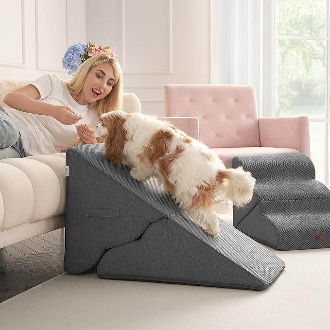 EHEYCIGA Curved Foldable Dog Stairs Ramp for High Beds 19.7" H, 4-Step Dog Steps for Small Dogs and Cats, Pet Stairs for High Bed Climbing, Non-Slip Balanced Pet Step Indoor, Grey