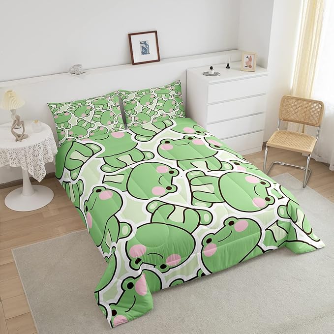 Cute Frog Comforter Set King Size, Kawaii Frog Bedding Set For Kids Boys Girls Teens, Green Wild Animals Farmhouse Down Comforter, Wildlife Rustic Funny 3Pcs Quilted Duvet All Season Bedroom Decor