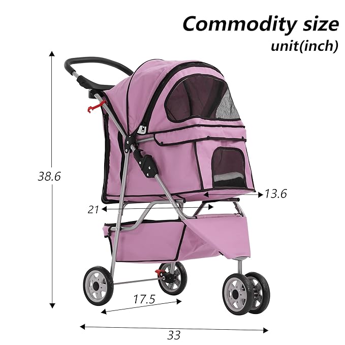 Dog Stroller,3 Wheels Travel Folding Pet Stroller for Small Medium Dog Cat Jogger Stroller with Storage Basket Removable Liner Pink