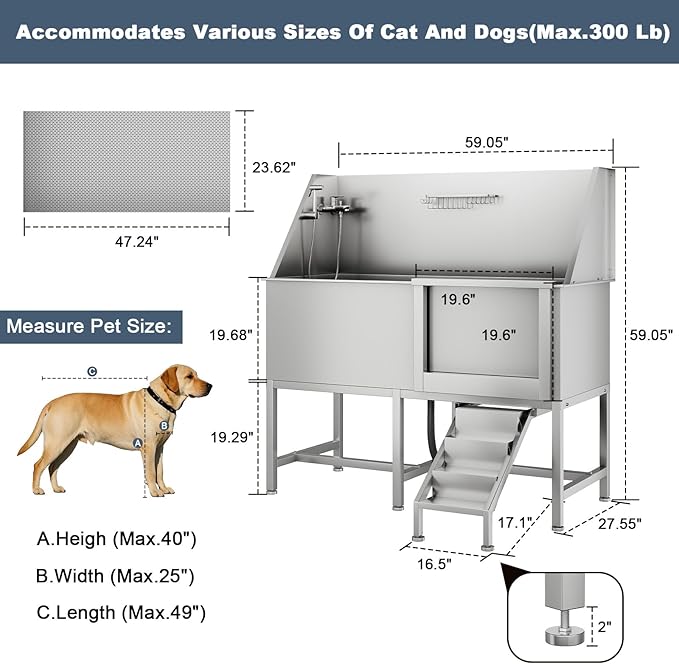 62" Professional Stainless Steel Dog Bathing Station, Large Dog Washing Station W/Dog Bath Brush, Washing Gloves, Floor Grate, Dog and Cat Bath Tub, Dog Washing Sink (62 Inch Left Door)
