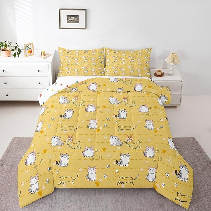 Erosebridal Cartoon Kawaii Bedding Set King Kids Cat Comforter Set, Cute Animal Down Comforter Pet Theme Bed Set, Dog Kitten Quilted Duvet Teal Love Heart Print Pet Lovers Gifts Lightweight Cozy 3pcs
