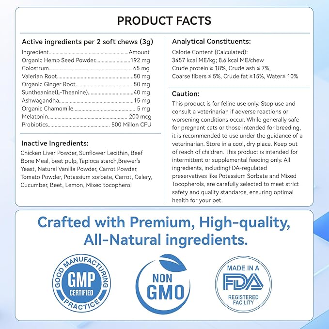 200 PCS Cat Calming Treats, Calming Treats for Cats Help to Manage Stress & Anxiety, Calming Aid for Cats with Hemp Seed Powder Chamomile Melatonin for Cat Anxiety Relief, Separation, Travel, Storms