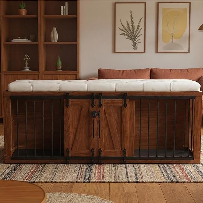 56" L Dog Crate Furniture with Padded Seat, End of Bed Bench Ottoman with Cushion, Wooden Dog Kennel with Pet Stairs & Sliding Barn Door for Bedroom, Living Room, Walnut