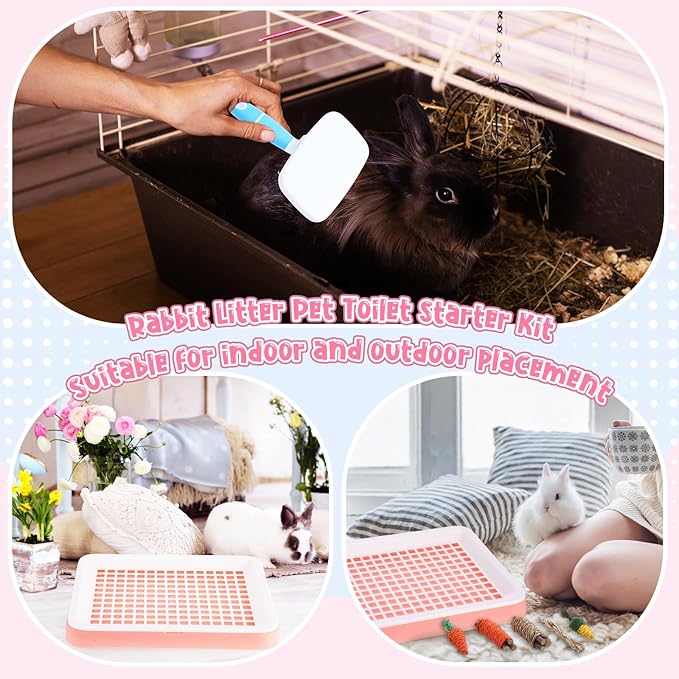 19 Pcs Rabbit Starter Kit Small Bunny Litter Box Rabbit Grooming Kit Water Bottle Bunny Toys Hay Feeder Bowl Blankets with Cleaning Set for Guinea Pig Accessories (Pink-White,Strawberry Bear)