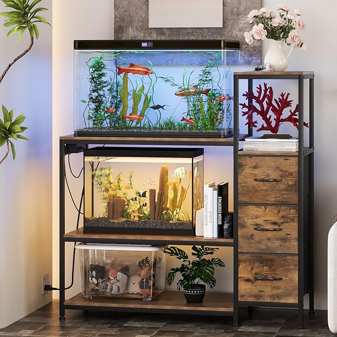 20 Gallon Aquarium Stand with Power Outlets Fish Tank Stand with 3 Drawers Metal Frame Heavy Duty Reptile Tank Stand with 3-Tier Storage Shelves,Left/Right Assembly, Adjustment Height