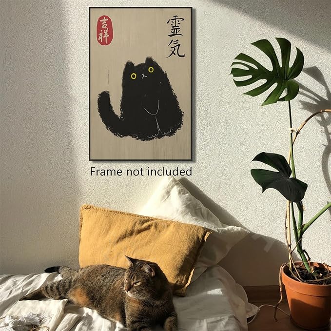 Japanese Black Cat Art Print, Vintage Canvas Wall Art, Cat Lovers Gift, Cute Painting, Funny Animal Picture for Living Room Bedroom 24x36in Unframed