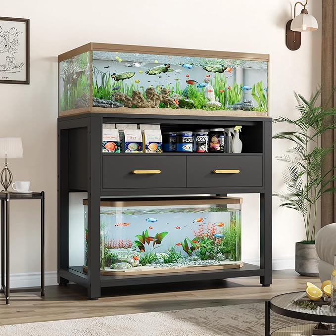 40-50 Gallon Aquarium Stand with Stable Metal Frame & Power Outlet, Heavy-Duty Fish Tank Stand with Waterproof Mat, 800LBS Capacity Storage Cabinet, Suitable for Turtle Tank, Reptile Terrarium, Black