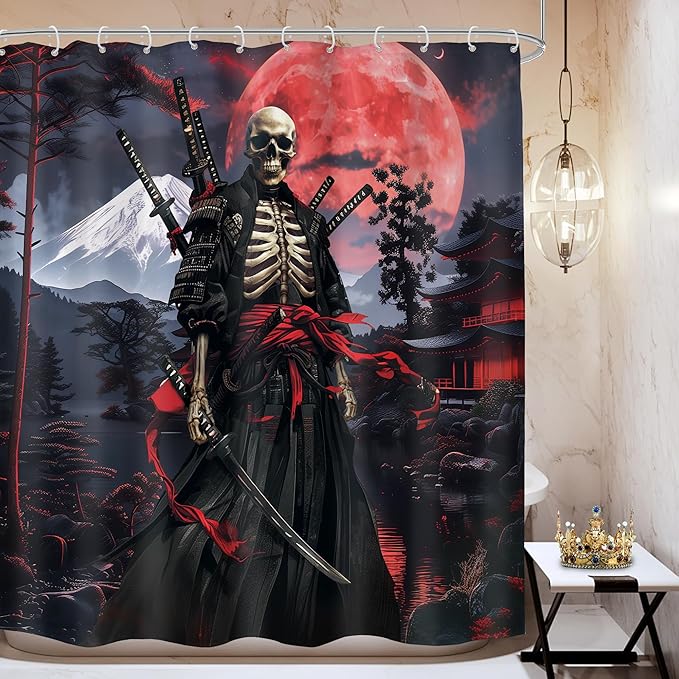 Japanese Anime Shower Curtain 72Wx72H Asian Samurai Gothic Skull Skeleton Black Red Spooky Cool Bathroom Decor Vintage Mountain Sun Nature Landscape Bath Curtain Fabric Polyester 12 Pack Hooks