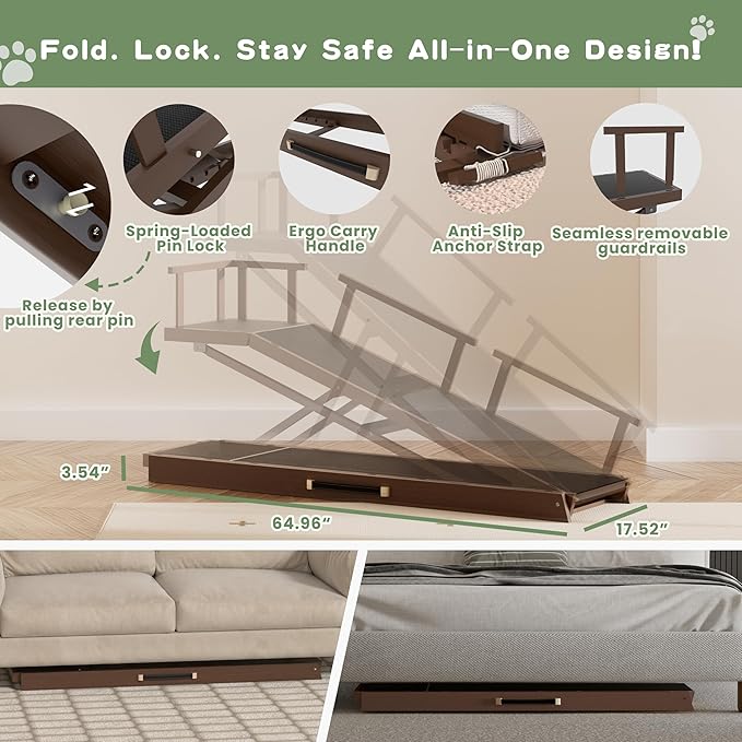 6 Level Height Adjustable Dog Ramp for Bed, Couch 65" Foldable Pet Ramp with Non-Slip Mat,DIY Glow Strips & Rest Platform Heavy Duty Dog Stairs for Large Dogs up to 200Lbs ,Brown